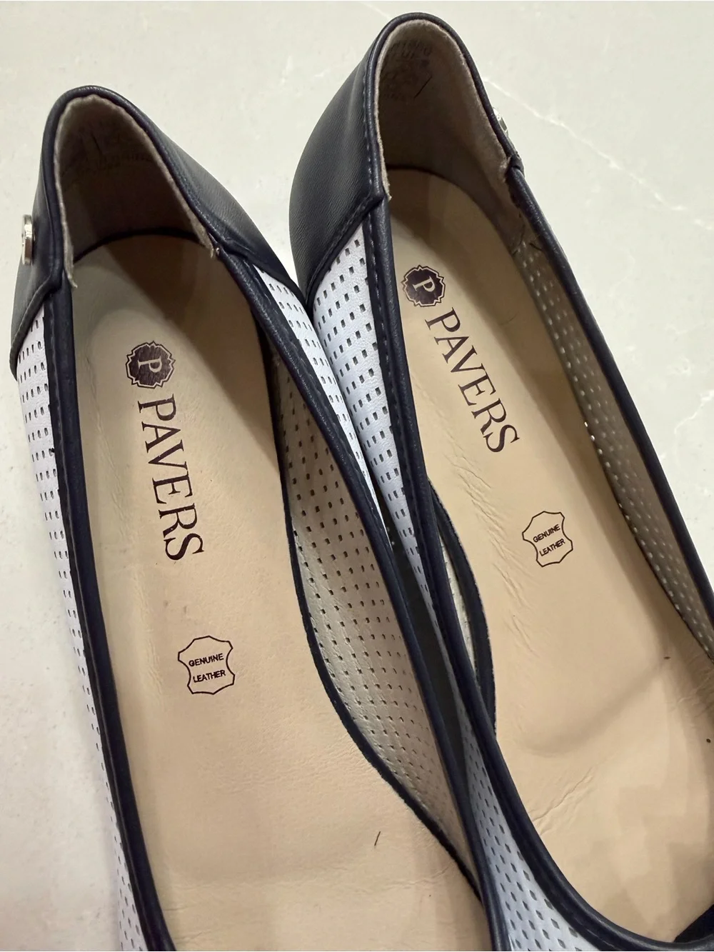Pavers Perforated Wedge Peep Toe Pumps White Navy Floral Comfort Slip On, 41
